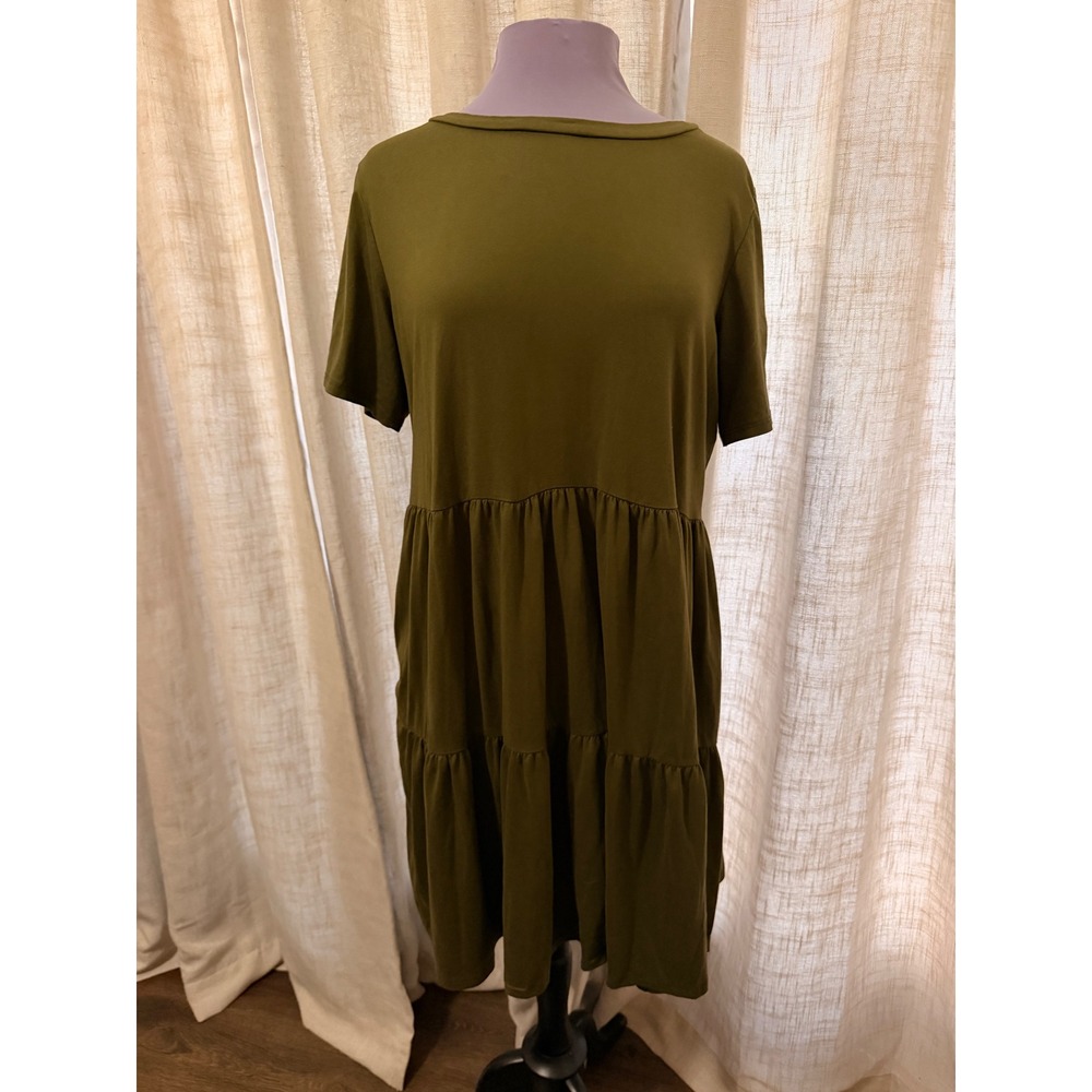 Vibe Sportswear Women 1X Olive Green Tiered Babydoll Swing Dress Short Sleeve
